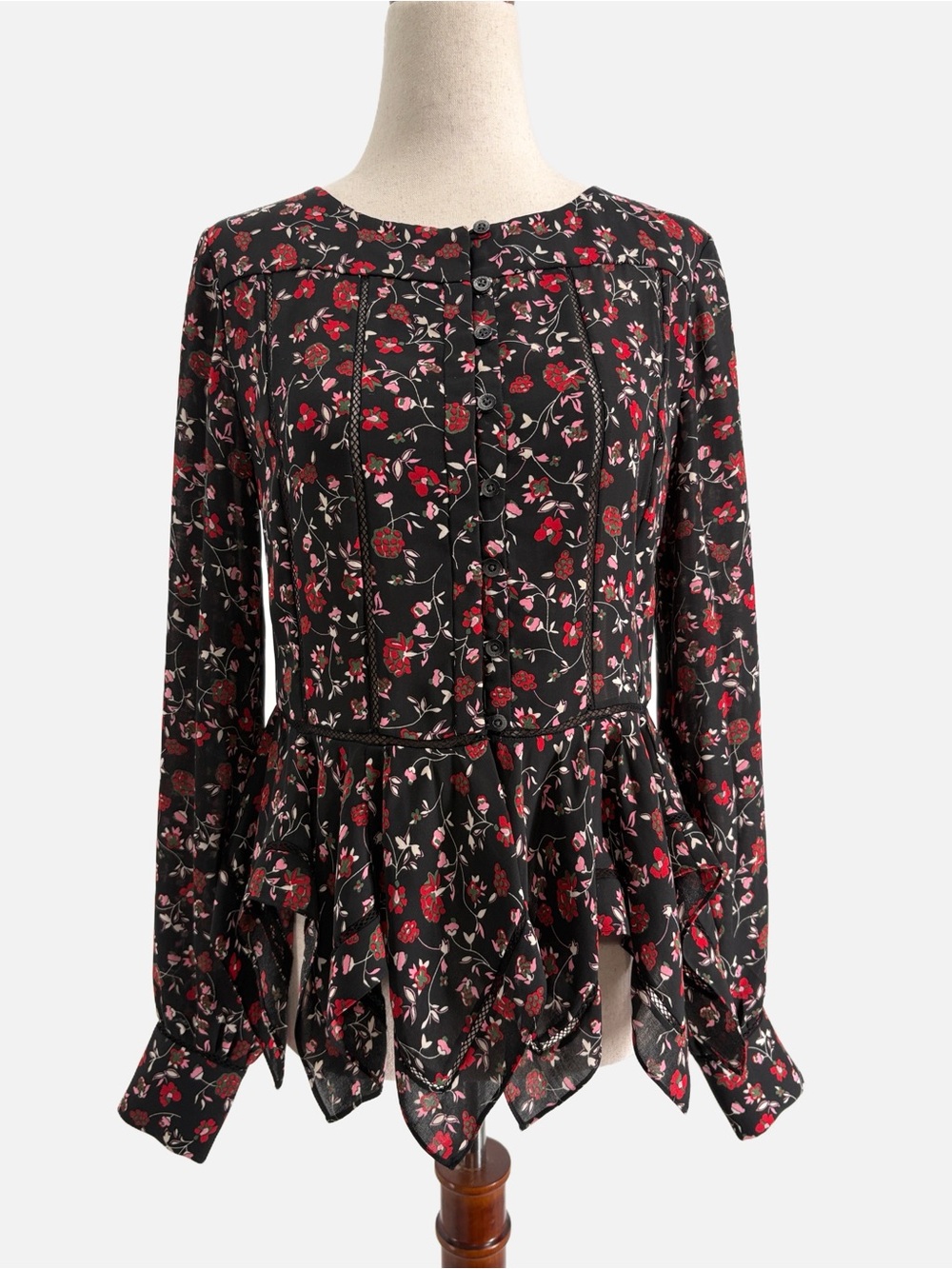 Thakoon Floral Georgette Handkerchief Hem Blouse Black Pink Red Size 0